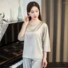 Vêtements à domicile Pyjama en soie glaciaire Ensemble de style chinois d'été pour femmes avec couverture satinée simulée et vêtements jacquard minces femelles