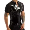 Mens Sexy Glossy PVC Short-sleeved Shirt Erotic Shaping Sheath Latex Bodycon Patent Leather Jacket Tops Mesh Perspective Catsuit Costumes