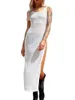 Lässige Kleider Frauen Sommer Midi Slim Kleid weiß ärmellose runden Hals hohen Split Sheer