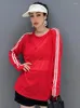 レディースTシャツ清気Mo Red 2024夏のメッシュTシャツストライプ装飾丸首の長袖カジュアルファッションルーズZxy043
