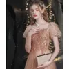 Robes sexy urbaines robe de fête 2024 Puff Slves Boat Neck Prom Long Elegant A Line Gold Tulle Foul Femme Femmes Prom Party Robe T240510