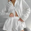 Hemkläder vita pyjamas för kvinnor 2 stycken uppsättningar lång ärm shorts sömnkläder kostymer avslappnade hemkläder lösa loungekläder kläder