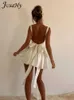 Grundläggande avslappnade klänningar Jusahy Womens New White Sweet High Street Wear Strapless Bow A-Line Dress Fashion Sweet Party Mini Dress 2023L2405