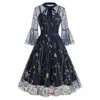 Women Mesh Floral Embroidery Vintage Cocktail Swing Dress Illusion 50s Goth Flared A line Casual Wedding Prom Evening Dress