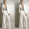 Mãe branca da noiva, trajes de calça para o vestido de hóspedes de casamento de lantejoulas prateadas com roupas de calça com calças com jaquetas Lady Formal Suit 246y