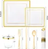 Einweg-Geschirr 175 Stück klares goldenes Plastik-Set beinhaltet Dinnerteller Salat Vorgerollte Servietten 9 oz.