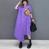 Robes de fête Part imprimé rejoint Unique Wear Style Femme Summer Purple Robe irrégulière Loose Fit Chic Casual Grand Robe JJXD756