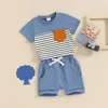 Kleidungssets Mode-Gelegenheits-Kind-Jungen-Sommer-Kinder Shorts Set Outfit Stripe Print Kurzarm Taschen-T-Shirt mit Anzügen