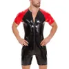 Mâles bodys de pvc brillant sexy double fermeture éclair ou ouvert à l'entrejambe à manches courtes humides en cuir en cuir érotique