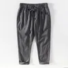 Men's Pants Spring And Summer Linen Cropped For Thin Youth Casual Striped Elastic Waistband Tied