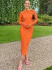 Vestidos casuais vestido de corpo elegante para mulheres 2024 Sólido o pescoço mangas de flare de verão Vestidos de férias de verão preto laranja vermelha laranja