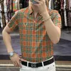 Summer Fashion Zipper Turndown Collar Sleeve Polo Camisetas Men Business Casual Plaid Printing Pullovers masculinos Tops 240428