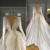 Lyxiga pärlor sjöjungfruklänningar med overskirt v hals satin långärmad brudklänningar eleganta bröllopsklänningsrockar de mariee 2255
