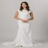 2021 Simple Mermaid Crepe Modest Wedding Dress Cap Sleeves Boat Neck Buttons Back Mermaid Bridal Gowns LDS Bride Dress Custom Made 2853