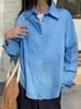 Kvinnors blusar y2k blus kvinnor toppar vit skjorta långärmad vänd ned krage kontorsknapp upp kausal lös överdimensionerad bomullsblå