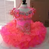 Księżniczka Flower Girl Dress Cap Rleeve Crystal Coral Pink Organza Mini krótka suknia balowa