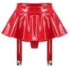 Skirts Women Latex Patent Leather Pleated Black Mini Skirt Shorts Sexy Low Waist Micro Garter Belts Metal Clips Miniskirt