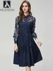 Robes décontractées aeleseen vintage noire midi robe pour les femmes conception de mode à manches longues à manches longues maille patchwork bleu marine élégant