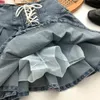 Vårens höstflickor veckad kjol baby denim kjol barn skort barn mode botten stretchbar midja snörning 3-14y 240506