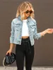 Long Sleeve Cropped Denim Jacket Blue Ripped Button Closure Distressed Flap Pockets Denim Coats Womens Denim Clothing 240510