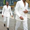 Handsome Men's Formal White Linen Suits Groom Wear Double Breasted Party Wedding Peaked Lapel TuxedosJacket Pants 303E