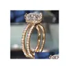 Anneaux 14K Gold Double Diamond Crown Ring Princess Engagement pour femmes pour femmes bijoux de mode Drop Livraison Otkde