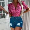 Kvinnors blusar boho blommig tryck skjorta blus kvinnor mode kort ärm smala skjortor topp sommar sexiga djupa v-ringar damer