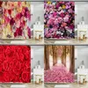シャワーカーテン花柄のカーテンカラフルなピンクネイチャーフラワーバスルームバスタブ装飾フック付き飾り180x200cm