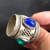 Dekorativa figurer Blue Red Green Jade Ring med tibetansk silverinlagd mäns stora