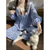 Women's Sleepwear Plaid Women Pajama Sets Pants 2 Pieces Square Collar Piiama Korean Lace Full Sleeve Spring Night Wears Home Suit