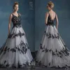 Black and White Wedding Dresses 2020 Vintage Retro Mary's Bridal with V Neck and V Back Appliques Tulle A-Line Garden Gothic Weddi 255P