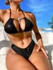 Dames zwemkleding groothandel sexy zwarte halter bikini stelt twee stukken slang zwempakken hooggesneden strandkleding badkleding backless