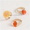 Anneaux de bande 3 PCS / Set Fruit Fruit Orange citron en plastique Résine pour femmes Girls Couleurs Gold Metal Ajustement Rague d'ouverture Rien de bijoux Dr Dhzlp