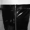 Women Sexy Opening Crotch Leather Shorts For Sex Erotic Perspective Breathable Gauze Zipper Glossy Latex Bag Hip Pants Sexi Catsuit Costumes