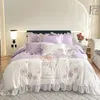 Ensemble de literie King Size Set Princess Floral Broidery Murffon Ruffles Coton Coton Couvrette de lit et taies d'oreiller