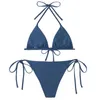 Kadın Mayo 2024 Duman Mavi Kemer Göğüs Yedi Çelik Destek Olmayan Moda Seksi Tie Serbest Backless 3 Parça Mysuits Kadınlar için Kireç