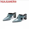 Hausschuhe Huajuaner 2024 High Heeled Slides Frühlings-/Sommerschuhe in der Nähe von Toe Outside Wear Blue White Dropship zeigen