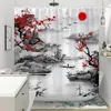 Rideaux de douche rideau de fleur de prune rouge branche japonais chinois oriental soleil montagne montagne encre naturel salle de bain