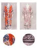 Summer Orange Boho Print Self Belted Front Open Long Kimono Dress Beach Tunic Women Swim Suit Cover Up Q996