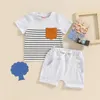 Kleidungssets Mode-Gelegenheits-Kind-Jungen-Sommer-Kinder Shorts Set Outfit Stripe Print Kurzarm Taschen-T-Shirt mit Anzügen