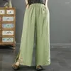 Pantalon pour femmes broderies tribales rétro en coton en coton élastique élastisé à taille haute les poches de couleur unie