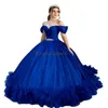 Masquerad Royal Blue Quinceanera klänningar mexikanska eleganta av axlar bollklänning prom klänning sexton födelsedagsklänning ruffles vestido de 15 xv anos debutante 2024