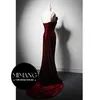 Spaghetti Evening Dress Dress Party Shiny Diamond Rose Wine Red Velvet Texture Bridal Romaid Fit Dress