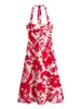 Abiti casual Donne stampate in rosso Abito Halter Summer Lince finta fago bassa senza maniche senza maniche Slim Midi Y2K.