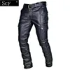 Pantalon pour hommes Pantalons de moto en cuir masculin avec poches de cargaison Pantalon de moto en cuir noir sans celtsl2405