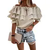 Dames blouses dames mode wilde shirts massief kleuren boothals off-shoulder halve mouw chiffon zomer casual ruches tie-up tops