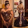 Plus size kanten zeemeermin avondjurken 2019 Sparkly Gold Lades Halter Off Schouder Afrikaanse prom -jurken Sweep trein satijnen feestjurk 260R