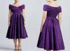 Longueur de thé Purple Satin Mère off Robes de mariée pas cher neuf à l'épaulechau