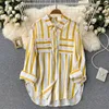 Women's Blouses Blusa Informal De Talla Grande Con Estampado Rayas Para Mujer Camisa Manga Larga Botones Y Cuello Vuelto