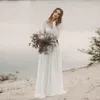 Abiti da sposa in spiaggia in campagna 2020 a-line in pizzo in chiffon in pizzo a V con maniche lunghe Abito da sposa drappeggiato senza schienale con corpetto illusione 256m